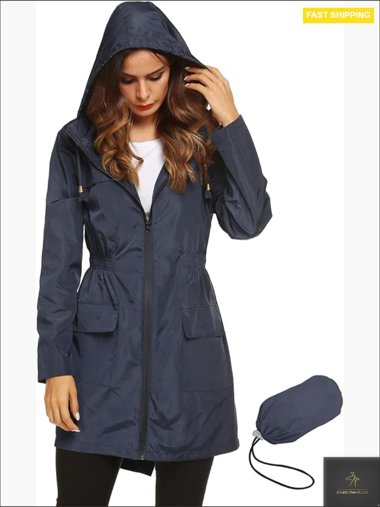 Lightweight Waterproof Hooded Rain Jacket Active Outdoor Zip Front With Pockets